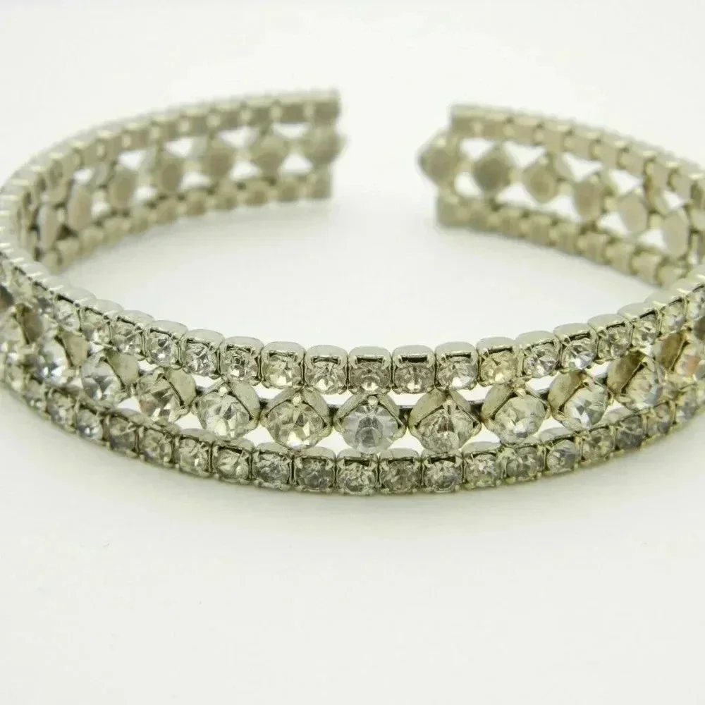 Clear Rhinestone Art Deco Style Silver Tone Cuff